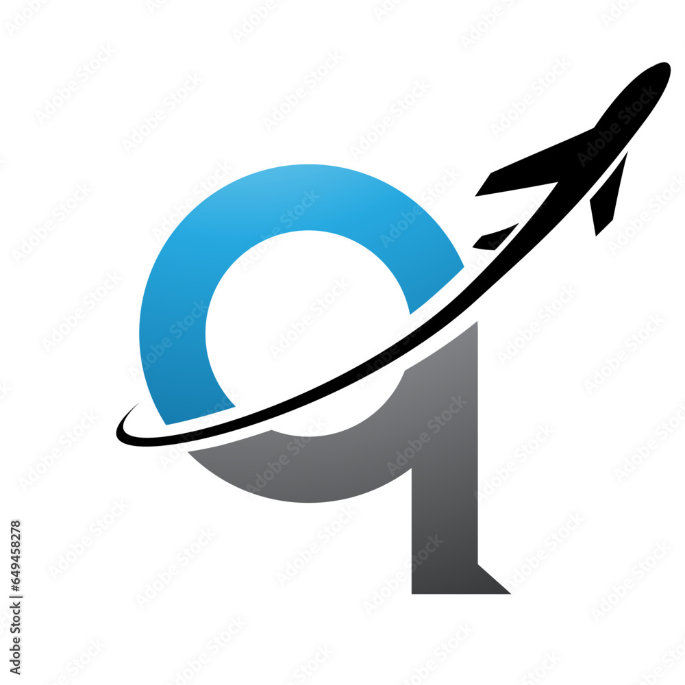 Obraz premium Blue and Black Lowercase Letter Q Icon with an Airplane