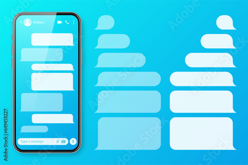 Realistic smartphone with messaging app on colorful blue background. Blank SMS text frame. Chat screen with transparent message bubbles. Social media application. Vector illustration