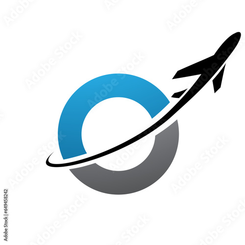 Blue and Black Lowercase Letter O Icon with an Airplane