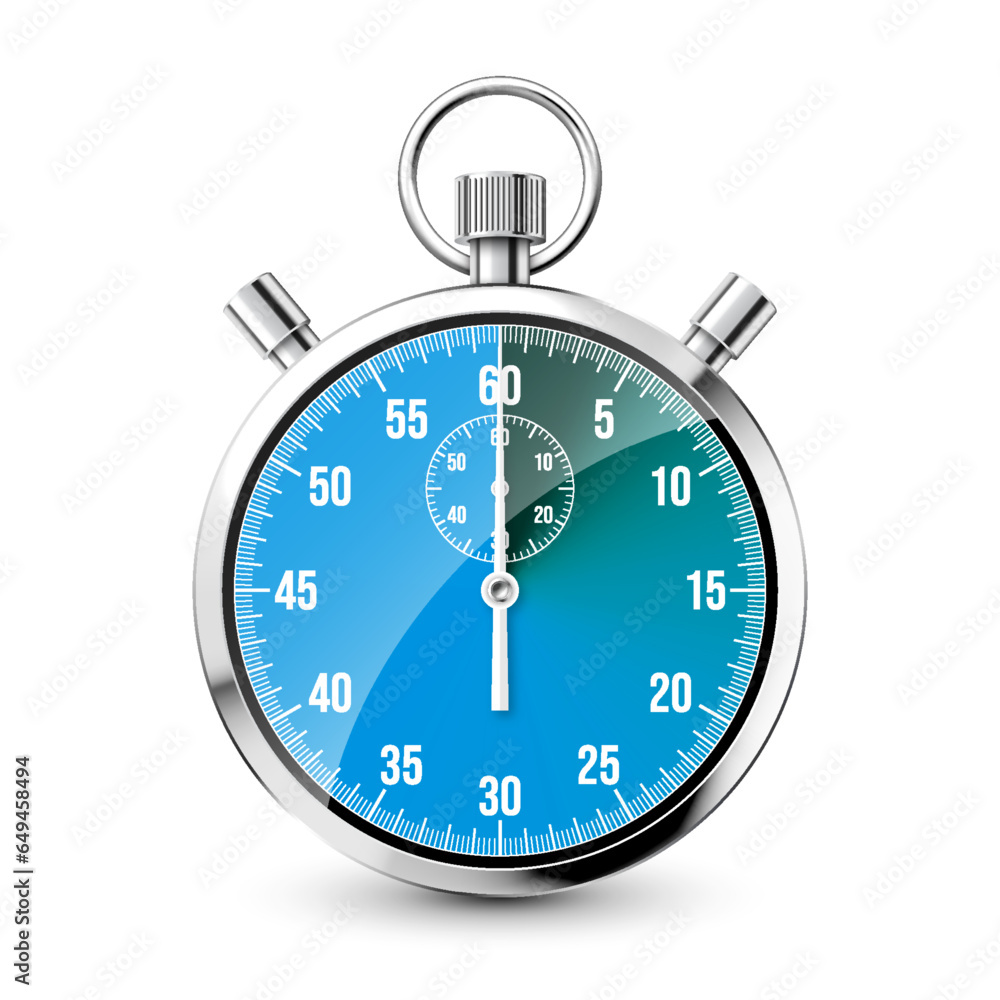 Realistic classic stopwatch. Shiny metal chronometer, time counter with dial. Blue countdown timer showing minutes and seconds. Time measurement for sport, start and finish. Vector illustration Realistic classic stopwatch. Shiny metal chronometer, time counter with dial. Blue countdown timer showing minutes and seconds. Time measurement for sport, start and finish. Vector illustration