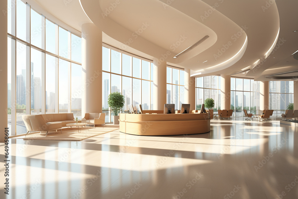 Fototapeta premium A modern spacious office hall with panoramic windows and a perspective in natural beige, brown tones