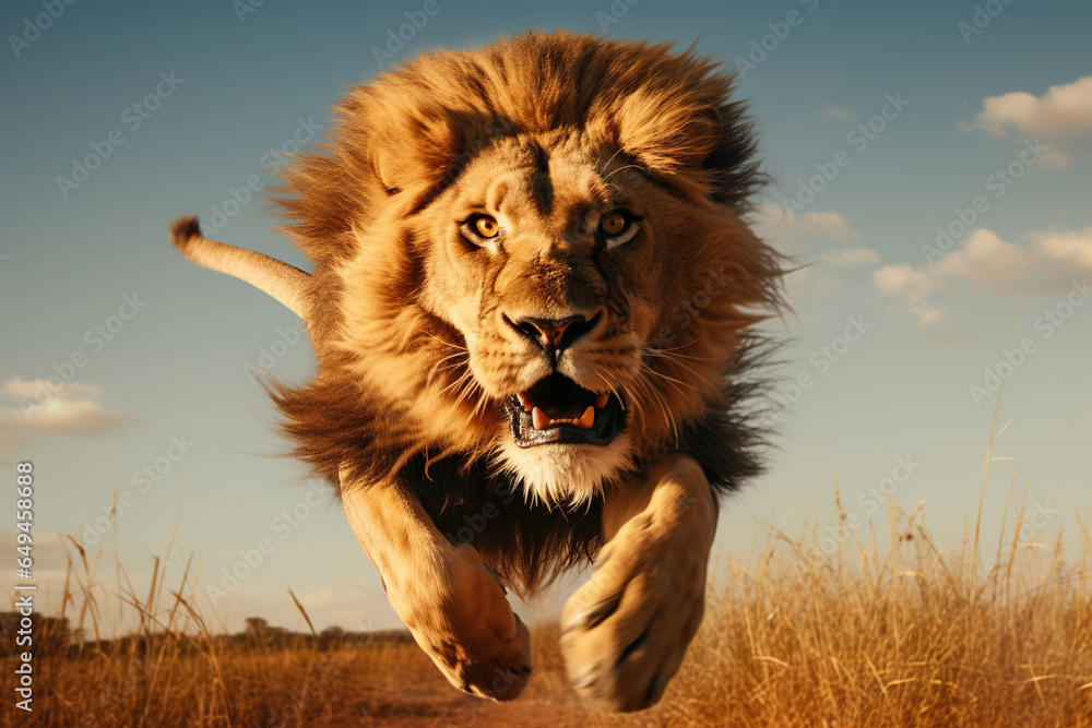 A lion jumping over the camera, high speed chase on the grassy plains A lion jumping over the camera, high speed chase on the grassy plains