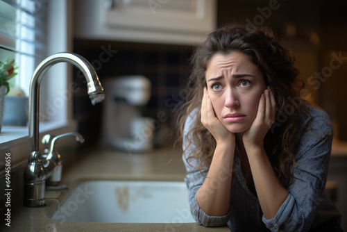 A forlorn woman at her kitchen sink looking worried about a plumbing problem.