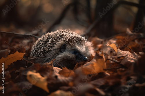 A hedgehog was hiding in a pile of dry leaves