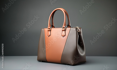 Beautiful trendy smooth youth women's handbag in brown and grey color on a gray studio background