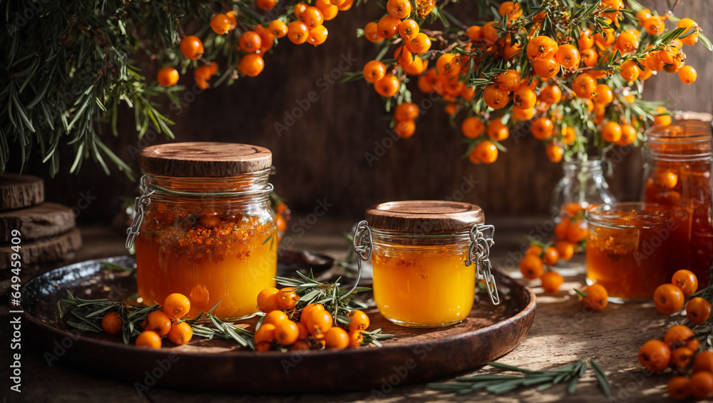 Fresh sea buckthorn jam on old background