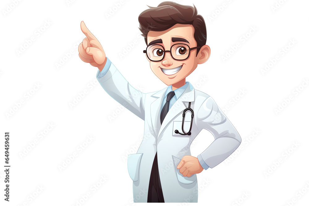 Cartoon Caucasian man doctor wears glasses tie and white coat. Finger pointing up. White background Cartoon Caucasian man doctor wears glasses tie and white coat. Finger pointing up. White background