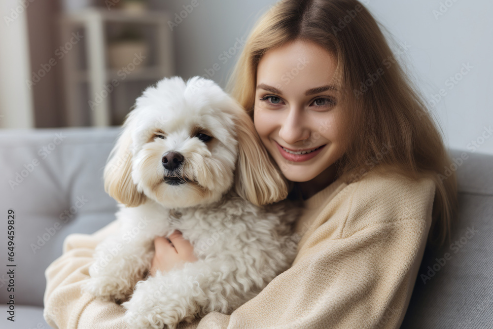 cheerful woman hugging her beloved pet dog at home cheerful woman hugging her beloved pet dog at home