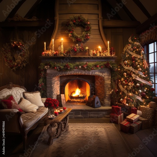 Christmas Decorated Country House with Fireplace