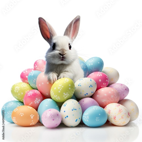 Colorful Easter eggs with cute Easter bunny on white background © AI_images