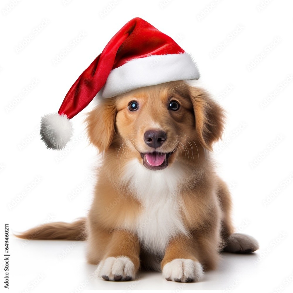 Dog wearing Christmas hat on white background Dog wearing Christmas hat on white background