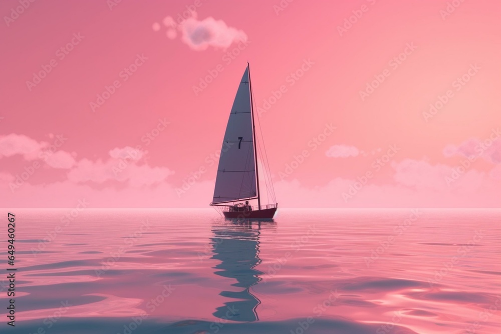 A sailboat floating on a pink ocean, creating a realistic and serene scene. Generative AI