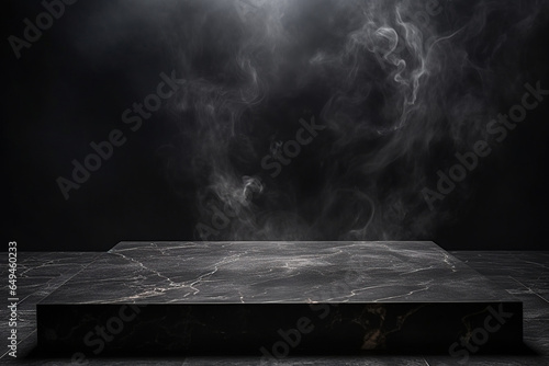Empty black marble table podium with black stone floor in dark room with smoke.