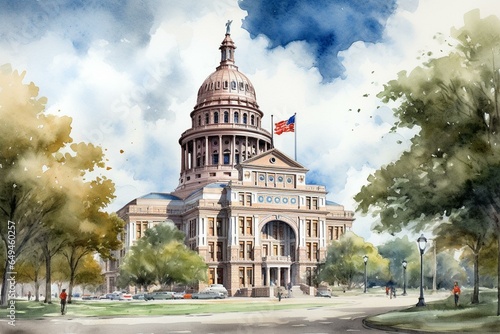 Watercolor sketch of Texas state capitol building in Austin, USA. Generative AI photo
