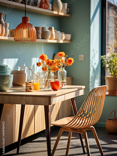 kitchen with colorful chairs and a wooden table, in the style of light sky