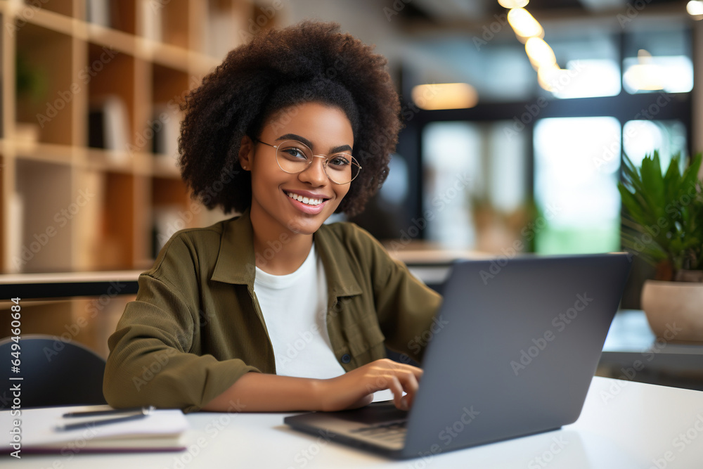 Happy African Black girl student using laptop computer in university library Happy African Black girl student using laptop computer in university library