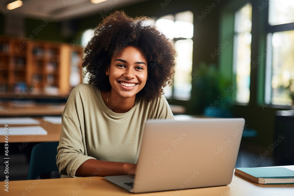Happy African Black girl student using laptop computer in university library - obrazy, fototapety, plakaty 