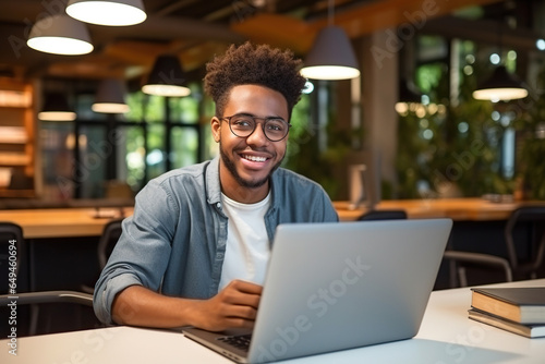 Happy African Black guy student using laptop computer in university library