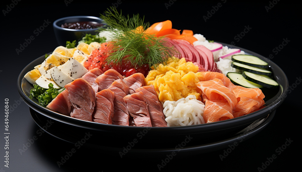 Freshness and variety on a plate gourmet meat, seafood, and vegetables generated by AI Freshness and variety on a plate gourmet meat, seafood, and vegetables generated by AI