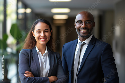 Happy confident business team people two Latin and African American colleagues standing in office © AI_images