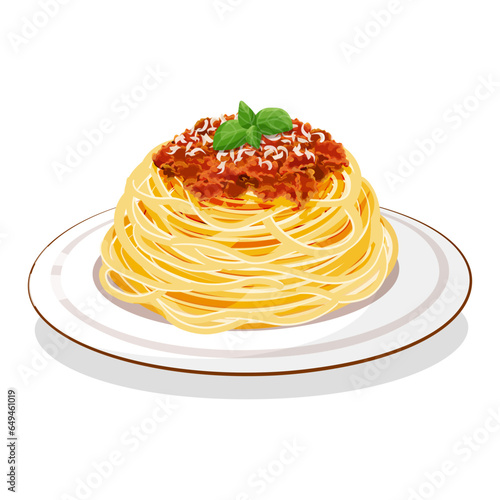 Authentic Bolognese spaghetti with minced meat, tomato sauce, grated cheese decorated with basil leaves. Food vector illustration on white background. Italian pasta.