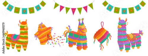 Set of colorful Mexican piñatas in the form of a donkey, a llama, a cube and a broken star with flying sweets. Cartoon vector graphics.