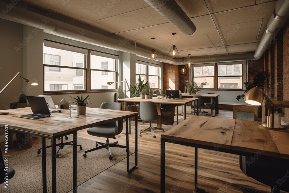 Upscale wood coworking office with furnishings and fixtures. Generative AI