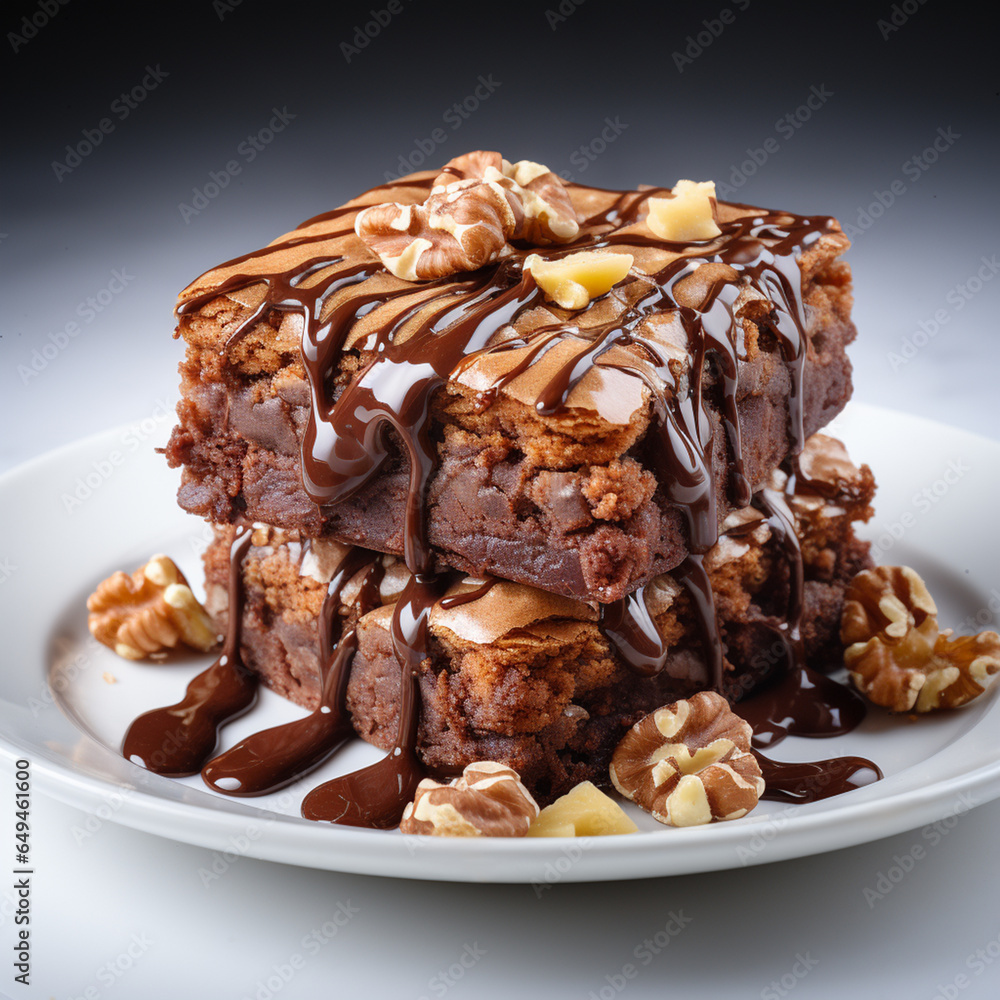 A plate of indulgent, homemade dark chocolate fudge brownie generated by AI A plate of indulgent, homemade dark chocolate fudge brownie generated by AI
