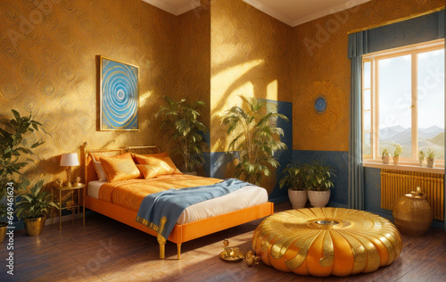 Ambiance chaleureuse dans une chambre artistique orange avec de jolis motifs muraux photo