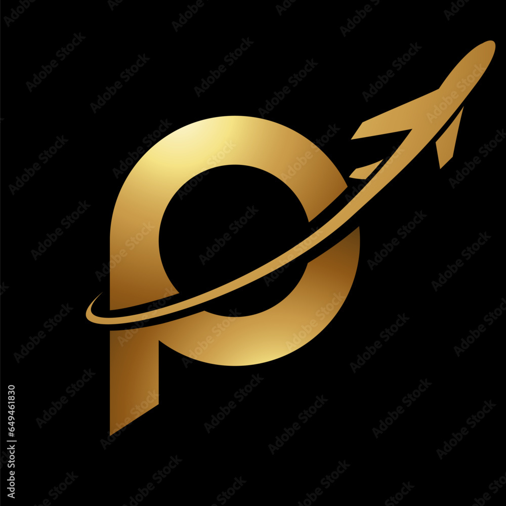 Glossy Gold and Black Lowercase Letter P Icon with an Airplane Glossy Gold and Black Lowercase Letter P Icon with an Airplane