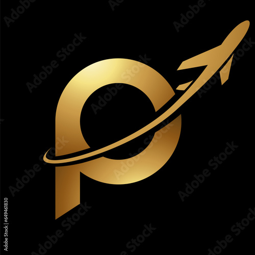 Glossy Gold and Black Lowercase Letter P Icon with an Airplane