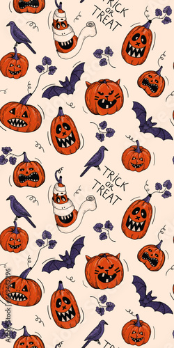 Seamless Halloween pattern with pampkins, bats, raven photo