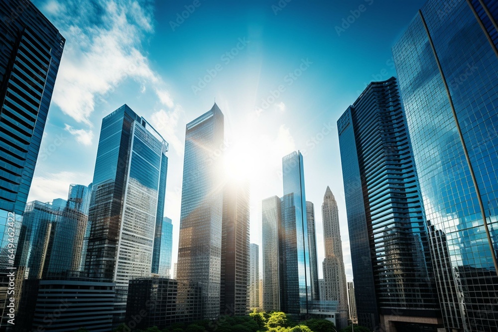 Tall buildings in Chicago's financial district under a sunny sky with clouds. Represents construction, business, and communication. Generative AI