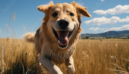 Cute puppy running in the meadow, tongue out, joyful generated by AI