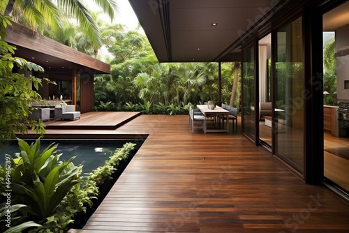 Contemporary wooden deck with tropical hardwood patio. Generative AI © Lando
