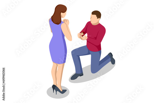 Isometric man kneels in front of a woman and holds a wedding ring. Wedding, family and love. Creating a new family. Wedding ring and gift box