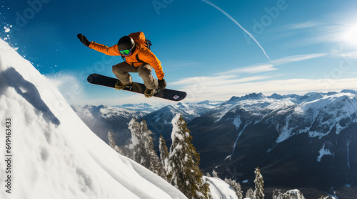 Snowboarder, jumping, mountains, snow, winter, sport, action, air, adventure, peak, terrain, extreme
