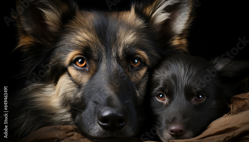 Cute puppy sitting, looking at camera, surrounded by family generated by AI