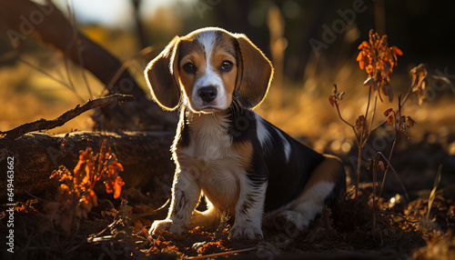 Cute puppy sitting in grass, looking at camera, enjoying nature generated by AI © Gstudio