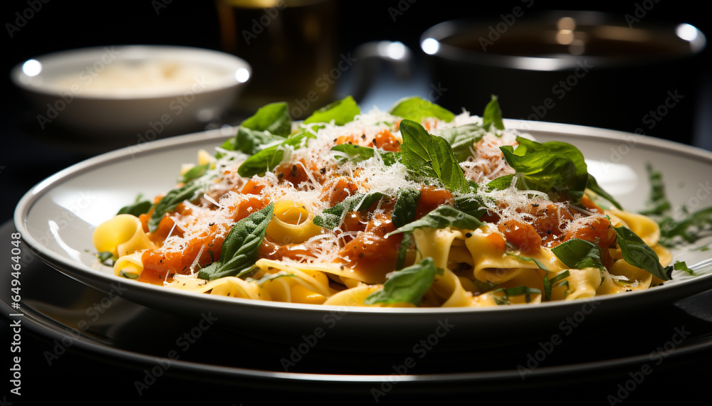Freshness and gourmet pasta meal, healthy eating with vegetarian food generated by AI Freshness and gourmet pasta meal, healthy eating with vegetarian food generated by AI