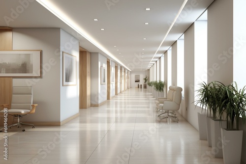 Contemporary office hallway with a white wall and an open space leading to the meeting room. Generative AI