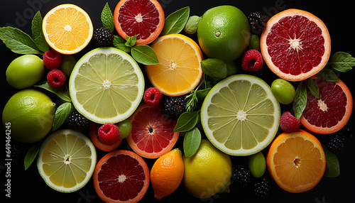 Freshness of citrus fruits lime, lemon, grapefruit, orange, ripe, juicy generated by AI photo