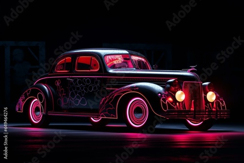 Vintage vehicle radiates neon hues against black backdrop, emitting cyberpunk vibes. Generative AI