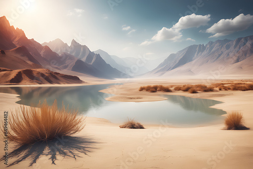 landscape with mountains and a lake with very low water level, environment concept, generative ai  © João Macedo