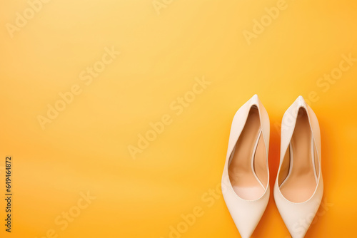 Orange background with woman's shoes: Top view of white heels on a bright yellow background with copy space for customization. photo