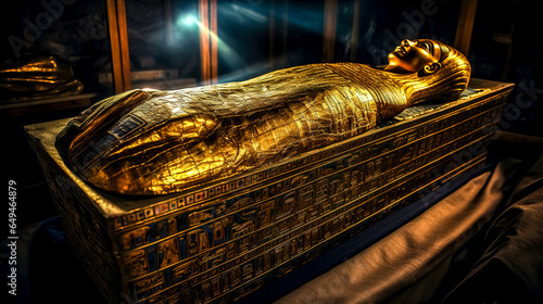 gold mummy in a sarcophagus in an ancient tomb photo