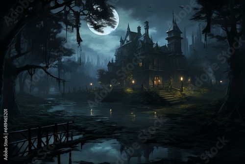 A moonlit swamp with an overgrown, eerie Victorian mansion. Generative AI © Yana