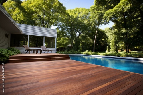 Summer pool deck with ipe hardwood in direct sun heat. Generative AI © Raul