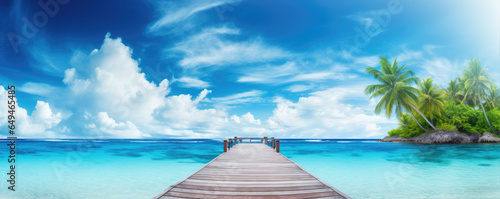 wooden pier on tropical summer beach. Blue sky holiday banner. copy spce for text © Michal