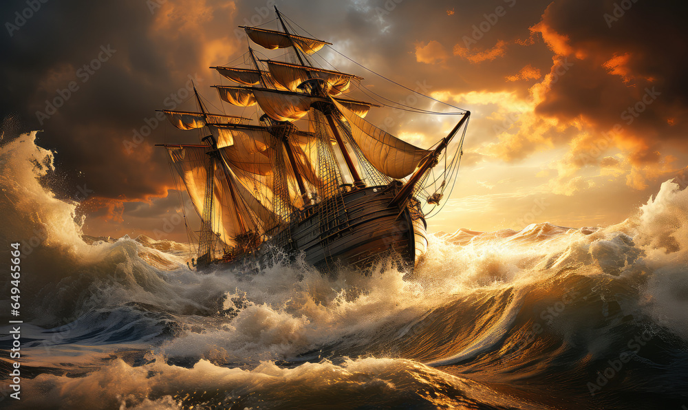 Obraz premium Majestic Vessel Confronting the Overwhelming Might of a Tempestuous Ocean - Generative AI